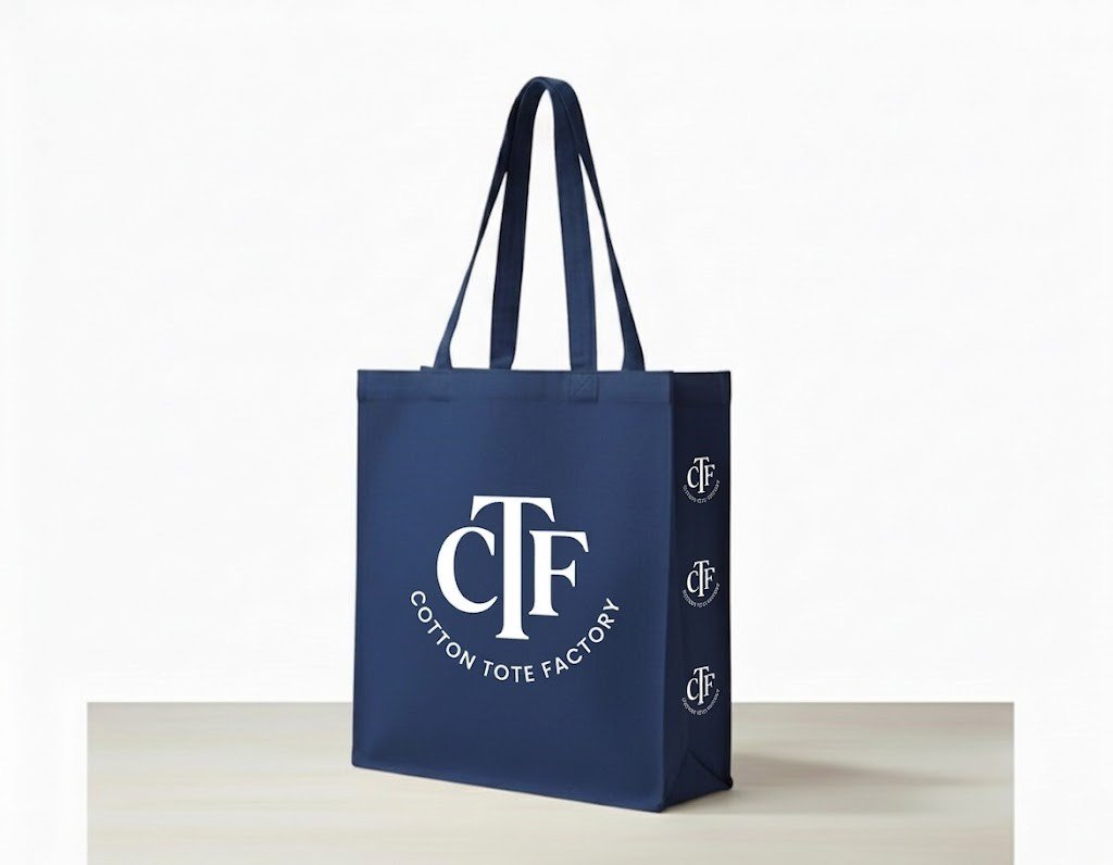 Bolso tote de lona azul marino de 180 gsm con logotipo impreso en tres lados