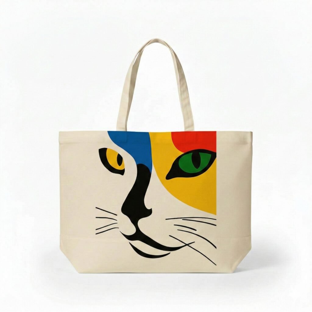 Bolsa de lona con estampado de gato en la parte inferior, tipo gaceta, sobre fondo natural
