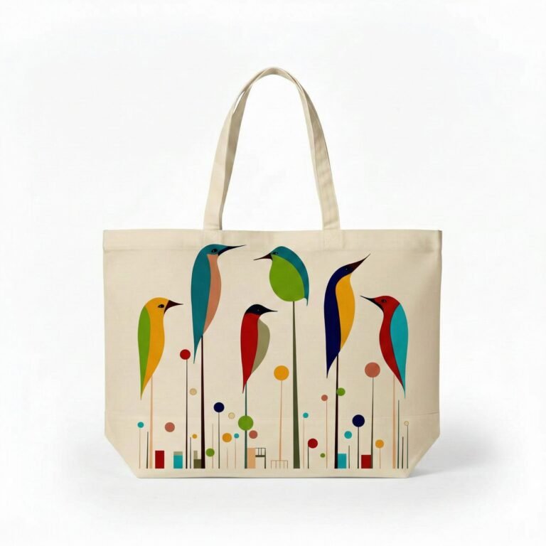 Bolsa de lona con fondo estampado de gaceta con diseño de pájaros en color natural