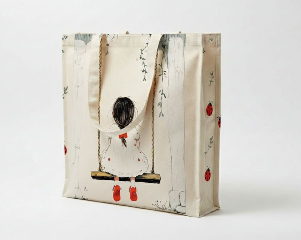 Bolso tote de lona de 240 gsm con bolsillo de tres lados y diseño infantil serigrafiado