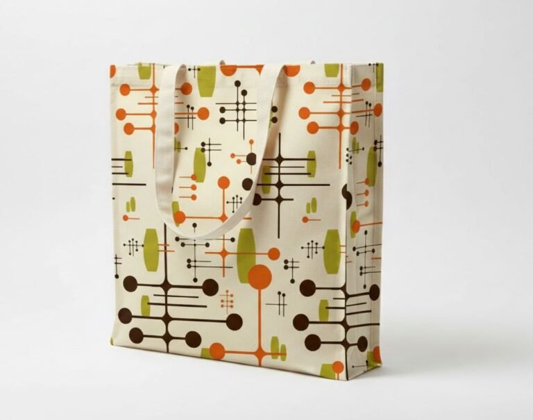 Bolso tote de lona de 240 gsm con bolsillo de tres lados y serigrafía en verde y marrón