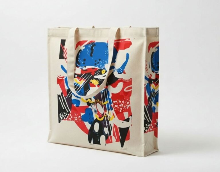 Bolso tote de lona de 240 gsm con bolsillo lateral triple y serigrafía en 7 colores