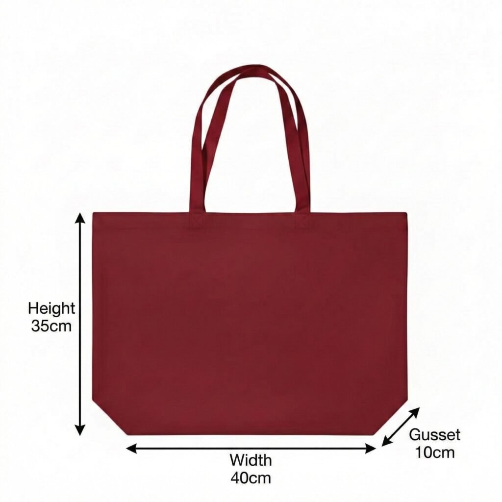Bolso tote de lona de algodón con fuelle inferior y medidas en color rojo