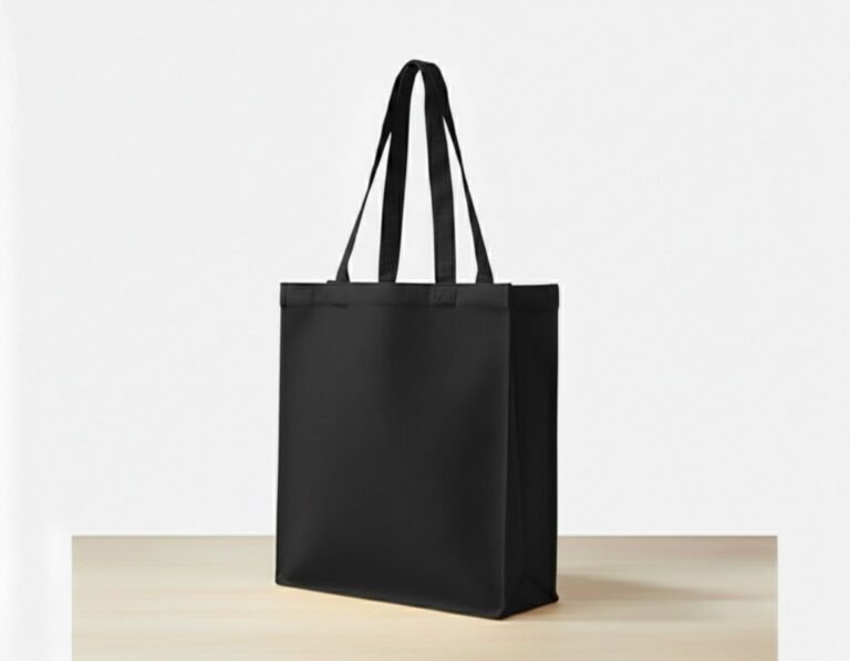 Bolso tote de lona negra con bolsillo lateral triple