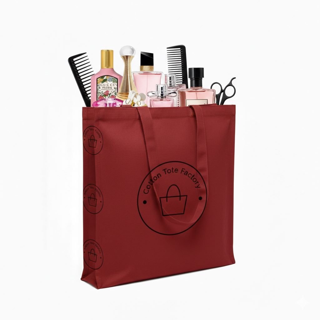 Bolso tote de lona roja de 240 gsm con tres lados, ideal para transportar diversos artículos
